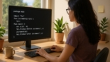 Girl sitting at desk coding a pointer function in GO